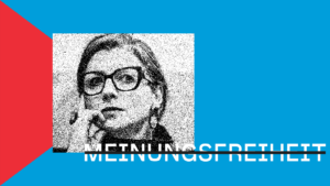 ein foto von francesca albanese vor einem blauen hintergrund mit rotem dreieck, darunter das wort meinungsfreiheit in weiß mit einem schwarzen strich durchstrichen